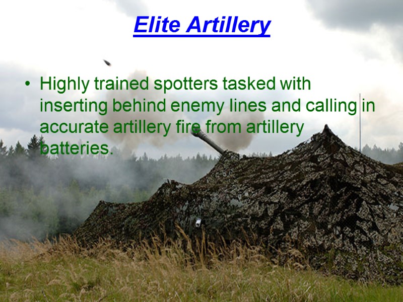 Elite Artillery   Highly trained spotters tasked with inserting behind enemy lines and